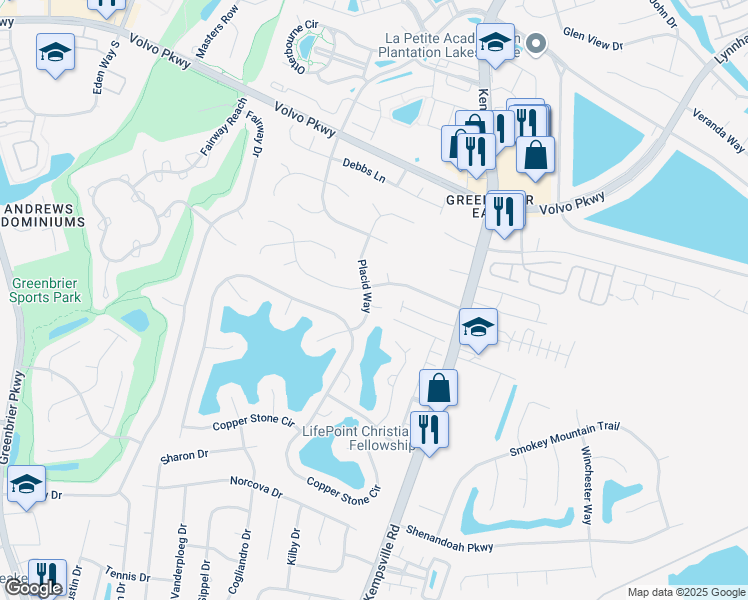 map of restaurants, bars, coffee shops, grocery stores, and more near 1225 Placid Way in Chesapeake