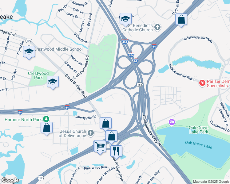 map of restaurants, bars, coffee shops, grocery stores, and more near 1049 Robert Welch Lane in Chesapeake
