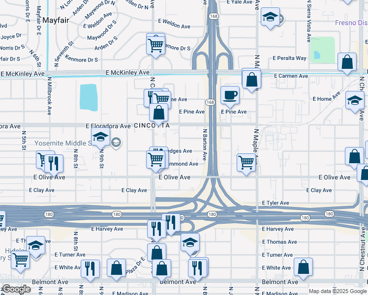 map of restaurants, bars, coffee shops, grocery stores, and more near 4421 East Hedges Avenue in Fresno
