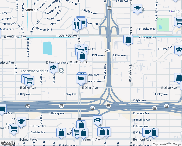 map of restaurants, bars, coffee shops, grocery stores, and more near 1313 North Rowell Avenue in Fresno