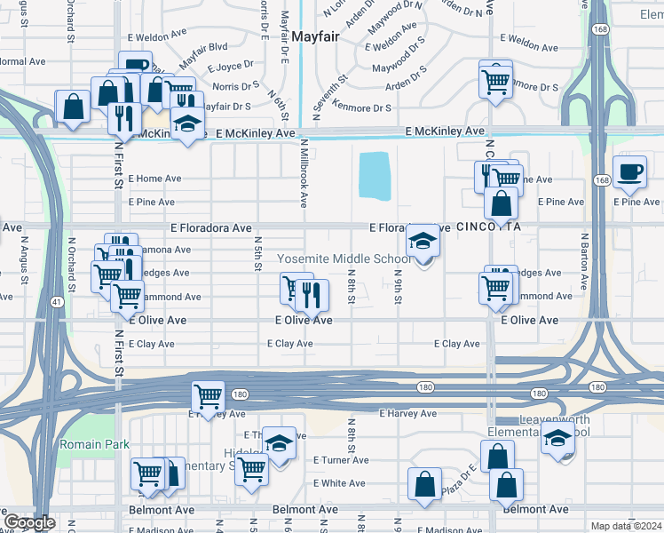 map of restaurants, bars, coffee shops, grocery stores, and more near 1305 North 8th Street in Fresno