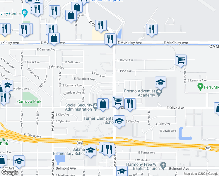 map of restaurants, bars, coffee shops, grocery stores, and more near 5171 East Lamona Avenue in Fresno