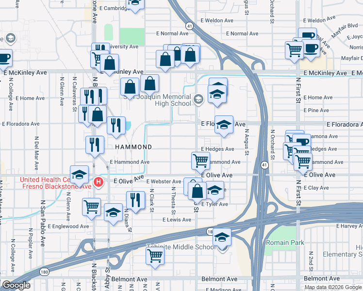 map of restaurants, bars, coffee shops, grocery stores, and more near 2415 East Lamona Avenue in Fresno