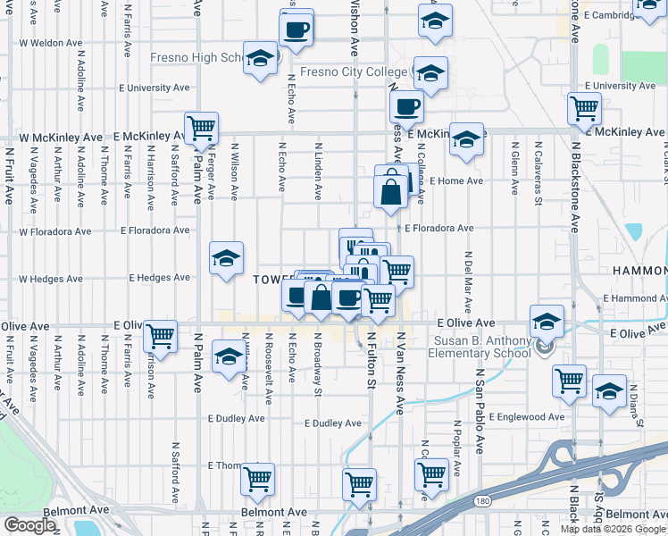 map of restaurants, bars, coffee shops, grocery stores, and more near 1360 North Linden Avenue in Fresno
