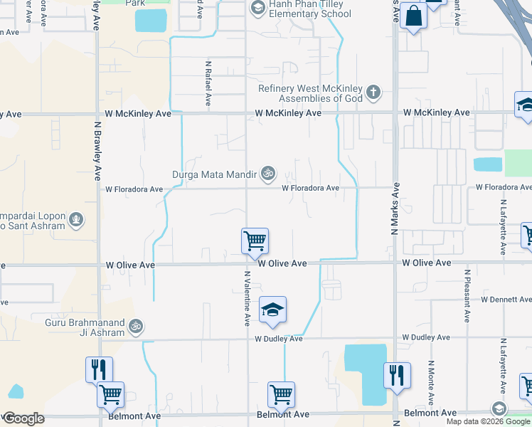 map of restaurants, bars, coffee shops, grocery stores, and more near 3315 West Floradora Avenue in Fresno