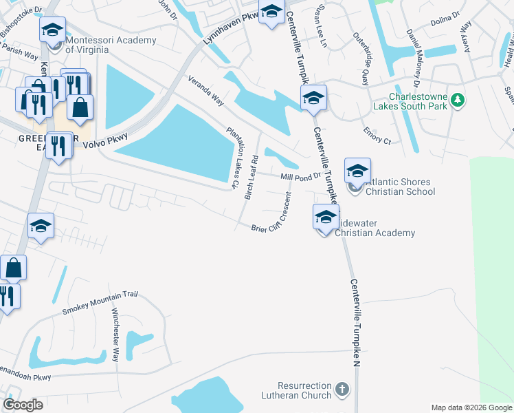 map of restaurants, bars, coffee shops, grocery stores, and more near 1421 Birch Leaf Road in Chesapeake