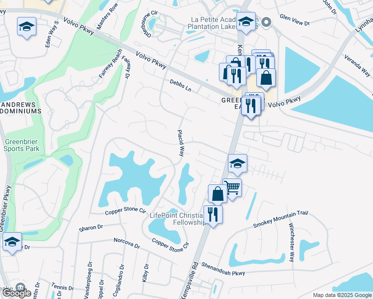 map of restaurants, bars, coffee shops, grocery stores, and more near 1225 Placid Way in Chesapeake