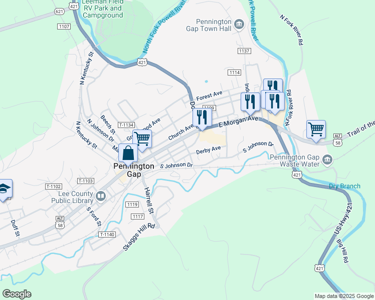 map of restaurants, bars, coffee shops, grocery stores, and more near South Lakewood Street in Pennington Gap