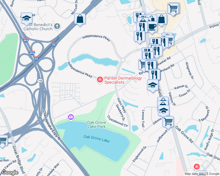 map of restaurants, bars, coffee shops, grocery stores, and more near 500 Independence Parkway in Chesapeake