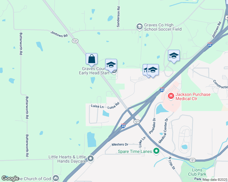 map of restaurants, bars, coffee shops, grocery stores, and more near 2262 Kentucky 121 in Mayfield