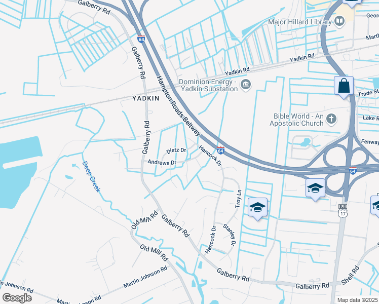 map of restaurants, bars, coffee shops, grocery stores, and more near 3241 Hancock Drive in Chesapeake