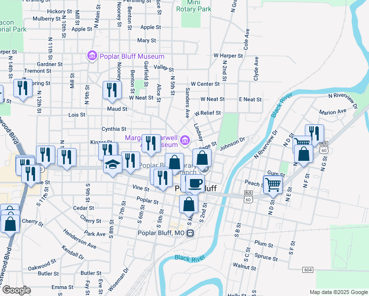map of restaurants, bars, coffee shops, grocery stores, and more near 421 North Main Street in Poplar Bluff