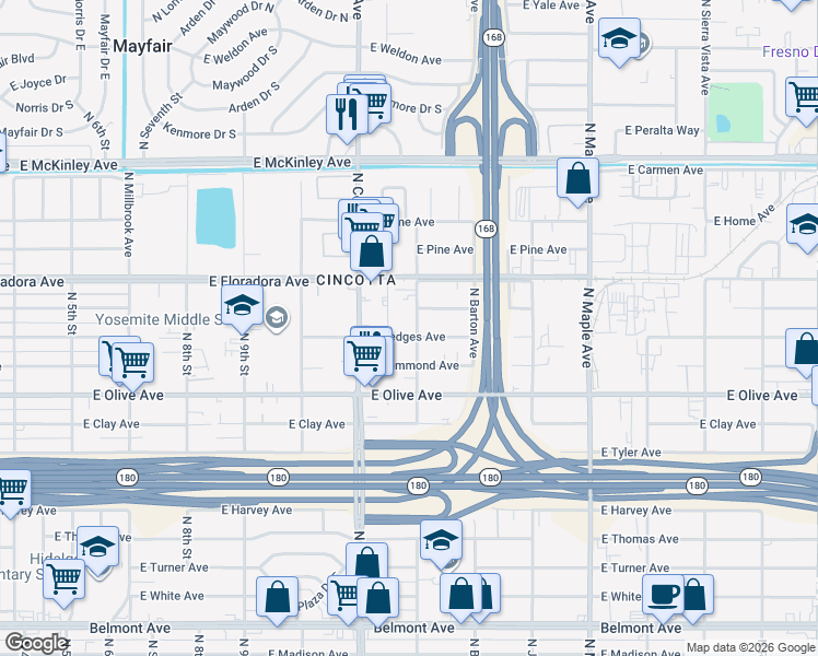 map of restaurants, bars, coffee shops, grocery stores, and more near 1315 North Rowell Avenue in Fresno