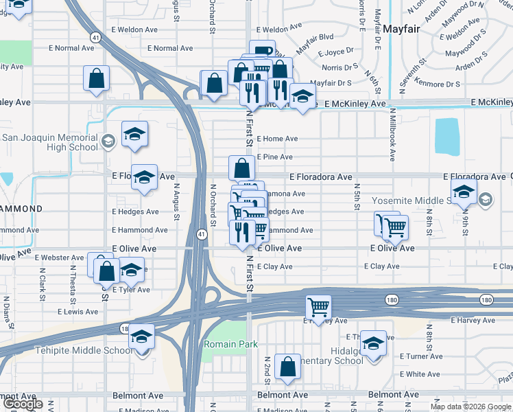 map of restaurants, bars, coffee shops, grocery stores, and more near 3127 East Lamona Avenue in Fresno