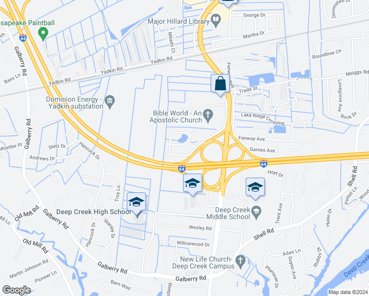 map of restaurants, bars, coffee shops, grocery stores, and more near 660 Annaka Loop in Chesapeake