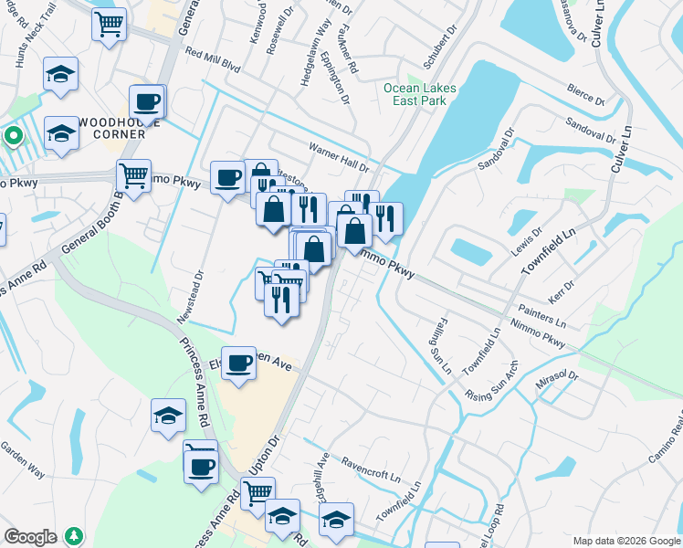 map of restaurants, bars, coffee shops, grocery stores, and more near 2132 Mill Crossing Drive in Virginia Beach