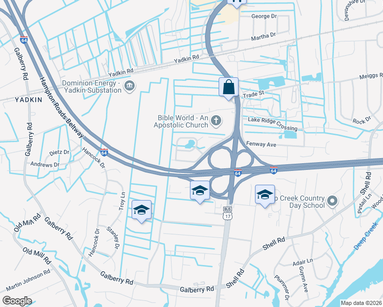 map of restaurants, bars, coffee shops, grocery stores, and more near 660 Annaka Loop in Chesapeake