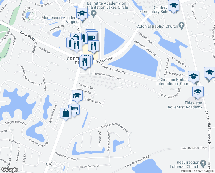 map of restaurants, bars, coffee shops, grocery stores, and more near 1718 Woodmill Street in Chesapeake