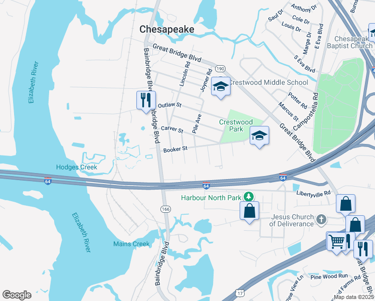 map of restaurants, bars, coffee shops, grocery stores, and more near 301 Booker Street in Chesapeake