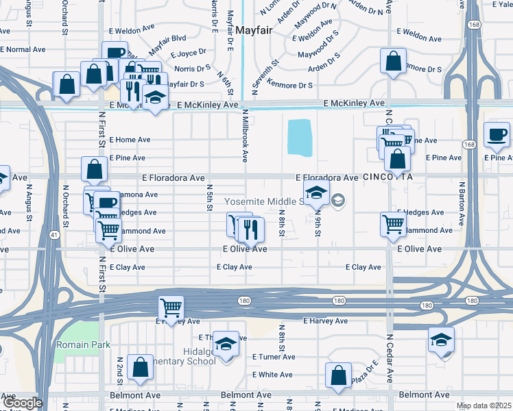 map of restaurants, bars, coffee shops, grocery stores, and more near 1352 North Millbrook Avenue in Fresno