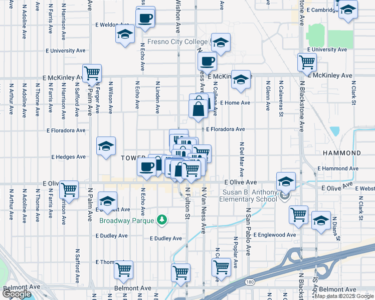 map of restaurants, bars, coffee shops, grocery stores, and more near in Fresno