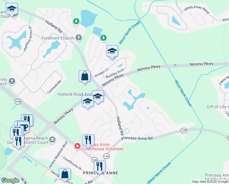 map of restaurants, bars, coffee shops, grocery stores, and more near 2408 Ridgedale Court in Virginia Beach