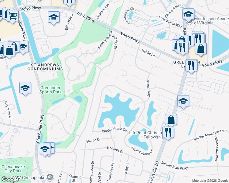 map of restaurants, bars, coffee shops, grocery stores, and more near 1014 Copper Stone Circle in Chesapeake