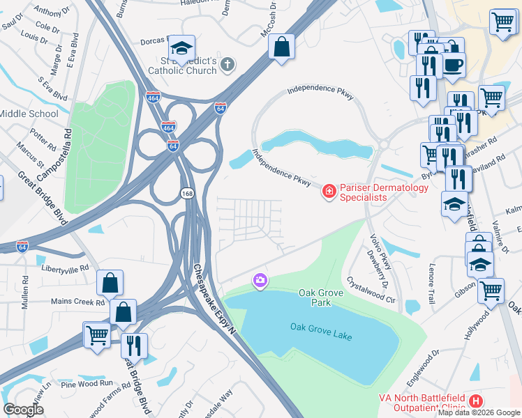 map of restaurants, bars, coffee shops, grocery stores, and more near 500 Kings Gate in Chesapeake