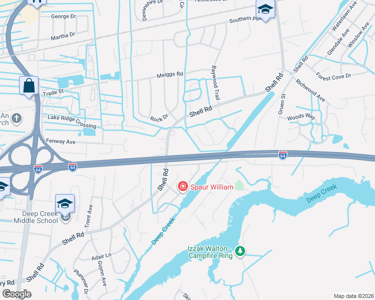 map of restaurants, bars, coffee shops, grocery stores, and more near 809 Shell Road in Chesapeake