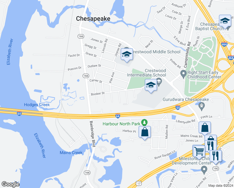 map of restaurants, bars, coffee shops, grocery stores, and more near 702 Durham Avenue in Chesapeake