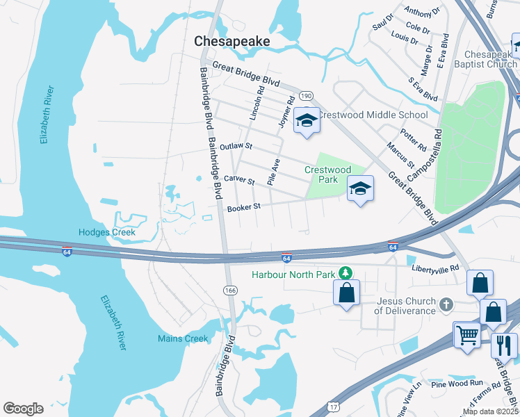 map of restaurants, bars, coffee shops, grocery stores, and more near 301 Booker Street in Chesapeake