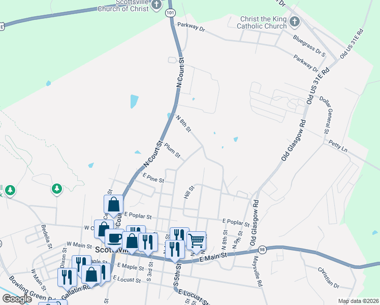 map of restaurants, bars, coffee shops, grocery stores, and more near 796 Smiths Grove Road in Scottsville