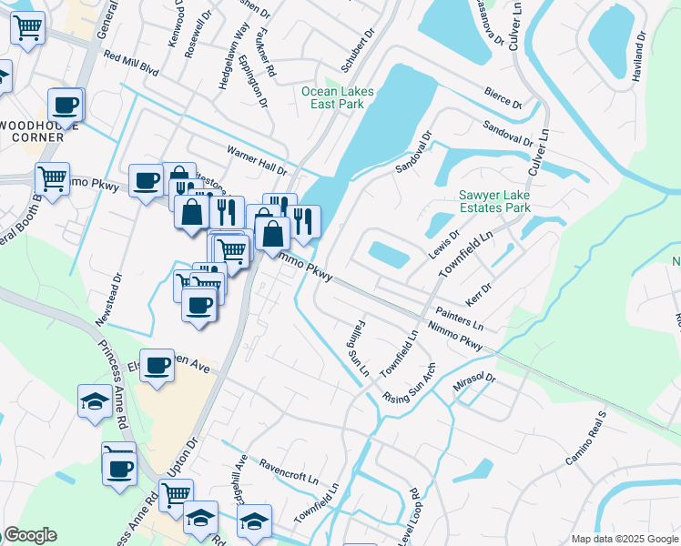 map of restaurants, bars, coffee shops, grocery stores, and more near 1084 Hawthorne Farm Terrace in Virginia Beach