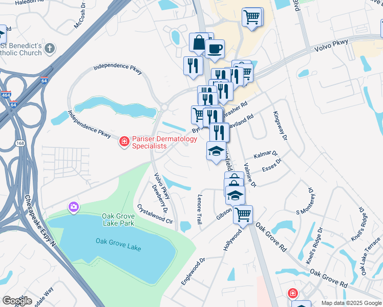 map of restaurants, bars, coffee shops, grocery stores, and more near 1205 Basswood Court in Chesapeake