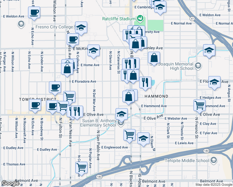 map of restaurants, bars, coffee shops, grocery stores, and more near 1321 North Calaveras Street in Fresno
