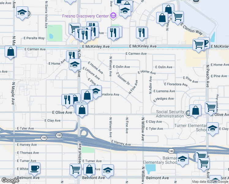map of restaurants, bars, coffee shops, grocery stores, and more near 1350 North Winery Avenue in Fresno