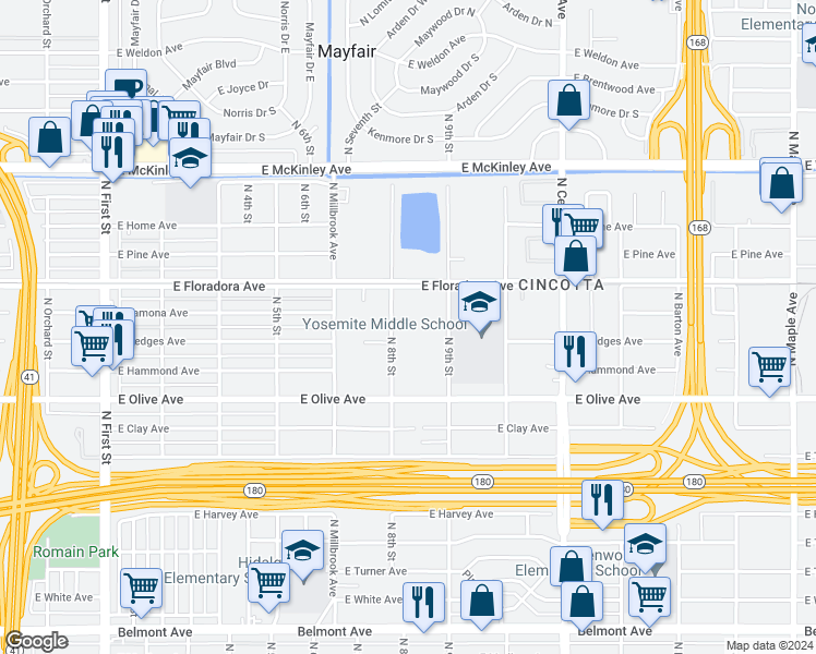 map of restaurants, bars, coffee shops, grocery stores, and more near 1330 North 8th Street in Fresno