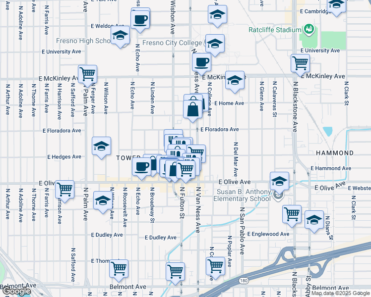 map of restaurants, bars, coffee shops, grocery stores, and more near in Fresno