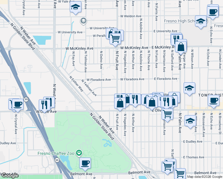 map of restaurants, bars, coffee shops, grocery stores, and more near 536 West Lamona Avenue in Fresno