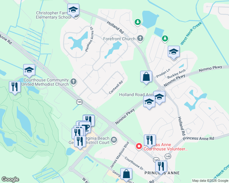 map of restaurants, bars, coffee shops, grocery stores, and more near 2561 Cantwell Road in Virginia Beach