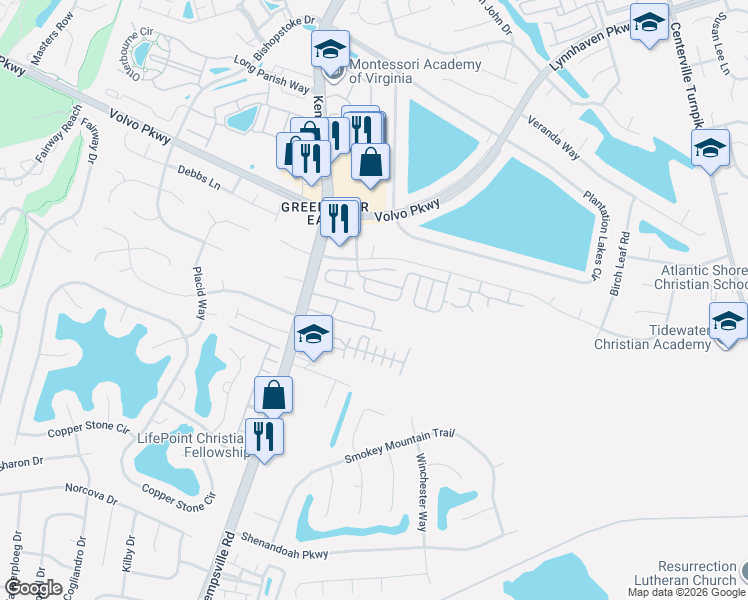 map of restaurants, bars, coffee shops, grocery stores, and more near 1707 Woodgrove Street in Chesapeake