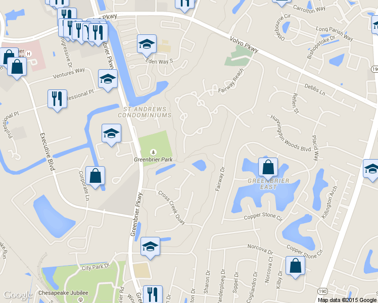 map of restaurants, bars, coffee shops, grocery stores, and more near 1005 Shoal Creek Trail in Chesapeake
