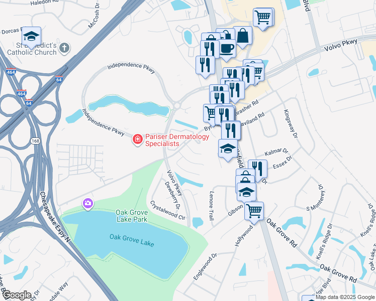map of restaurants, bars, coffee shops, grocery stores, and more near 1222 Alder Court in Chesapeake