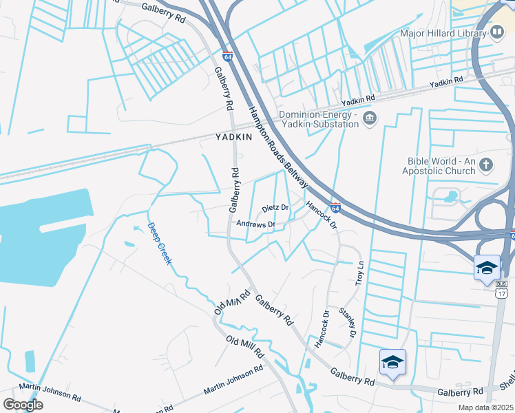map of restaurants, bars, coffee shops, grocery stores, and more near 3288 Galberry Road in Chesapeake