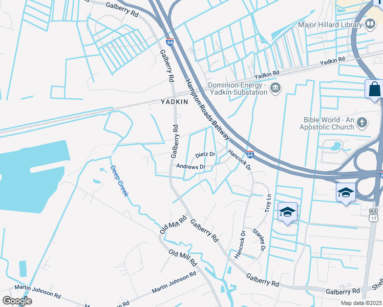 map of restaurants, bars, coffee shops, grocery stores, and more near 3288 Galberry Road in Chesapeake