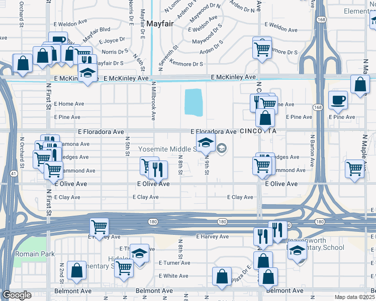 map of restaurants, bars, coffee shops, grocery stores, and more near 1330 North 8th Street in Fresno
