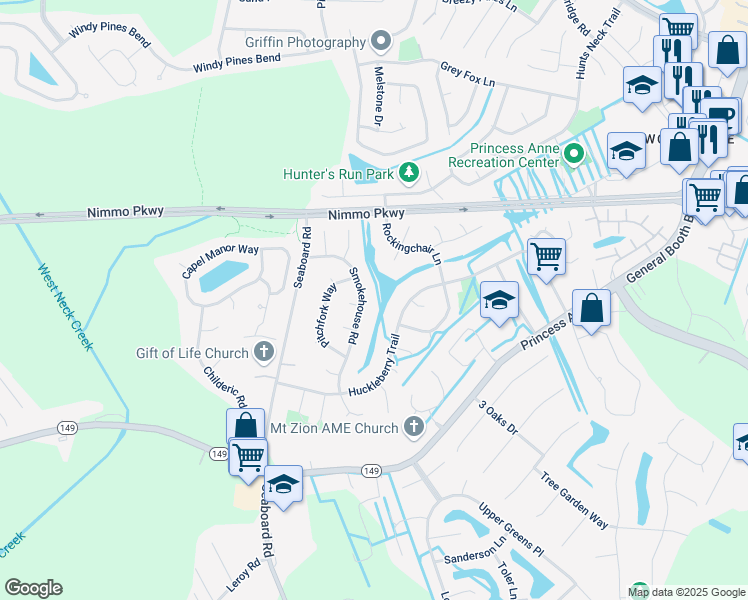 map of restaurants, bars, coffee shops, grocery stores, and more near 2464 Smokehouse Road in Virginia Beach