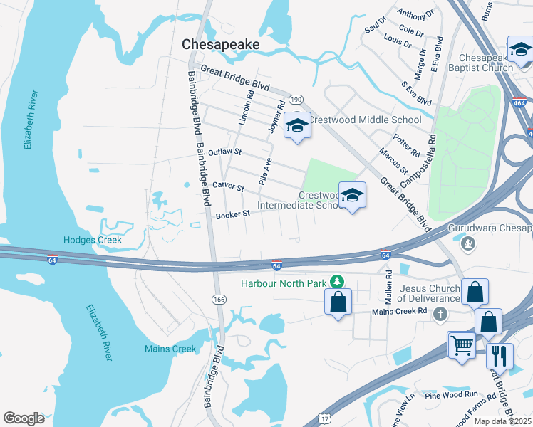 map of restaurants, bars, coffee shops, grocery stores, and more near 401 Booker Street in Chesapeake