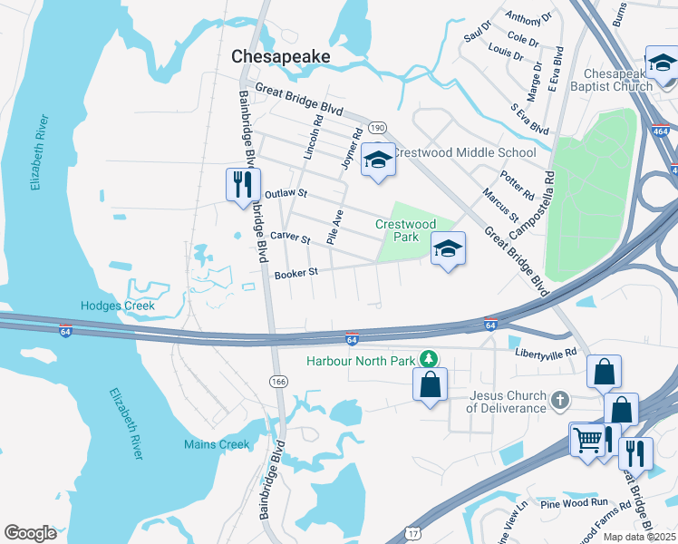 map of restaurants, bars, coffee shops, grocery stores, and more near 401 Booker Street in Chesapeake