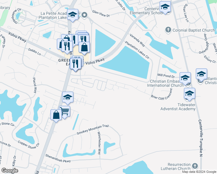 map of restaurants, bars, coffee shops, grocery stores, and more near 1200 Daylily Drive in Chesapeake